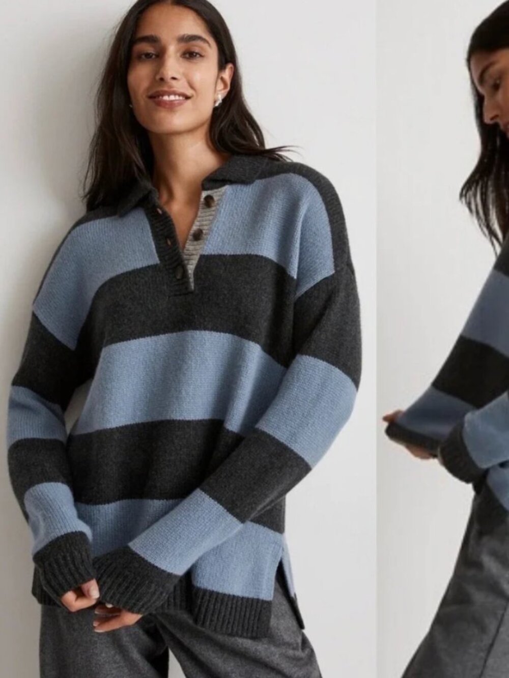 Madewell  Polo Pullover Striped Wool‎ Alpaca Blend Sweater Blue Gray